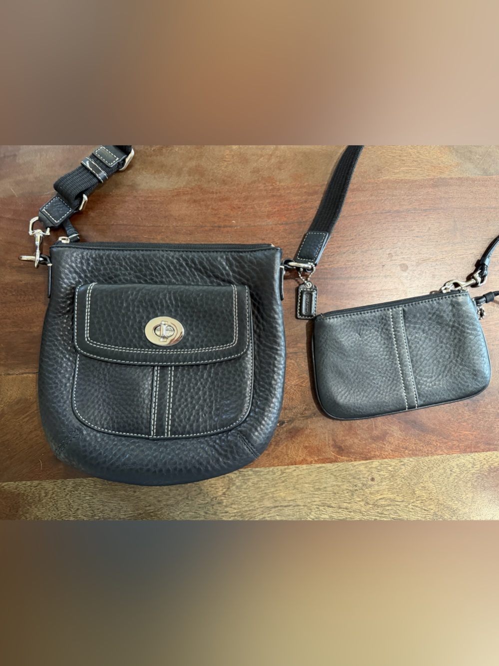Coach Black Leather Crossbody Swingpack & Matching Wristlet Set - Excellent